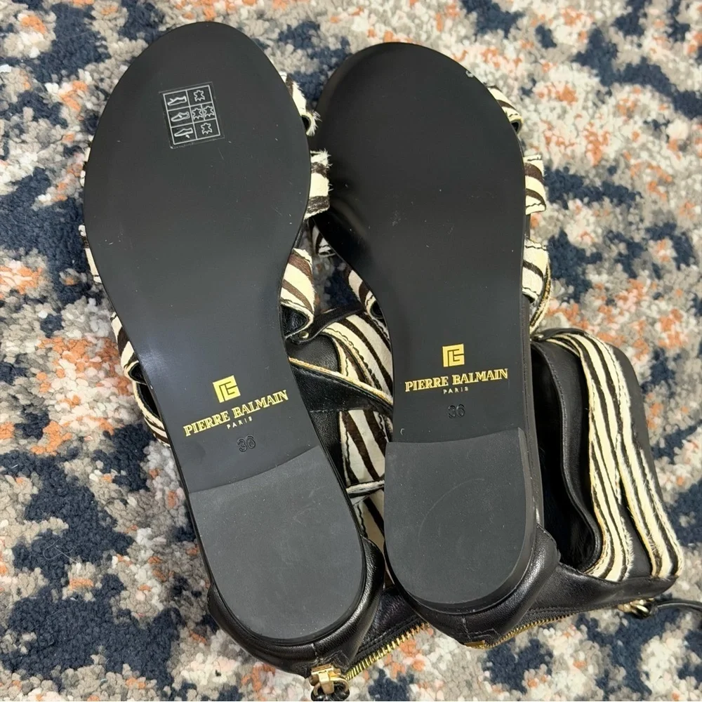 NWOT Pierre Balmain ‘Amelie’ Zebra Print Pony Hair Strappy Zip-Back Sandals Sz 6